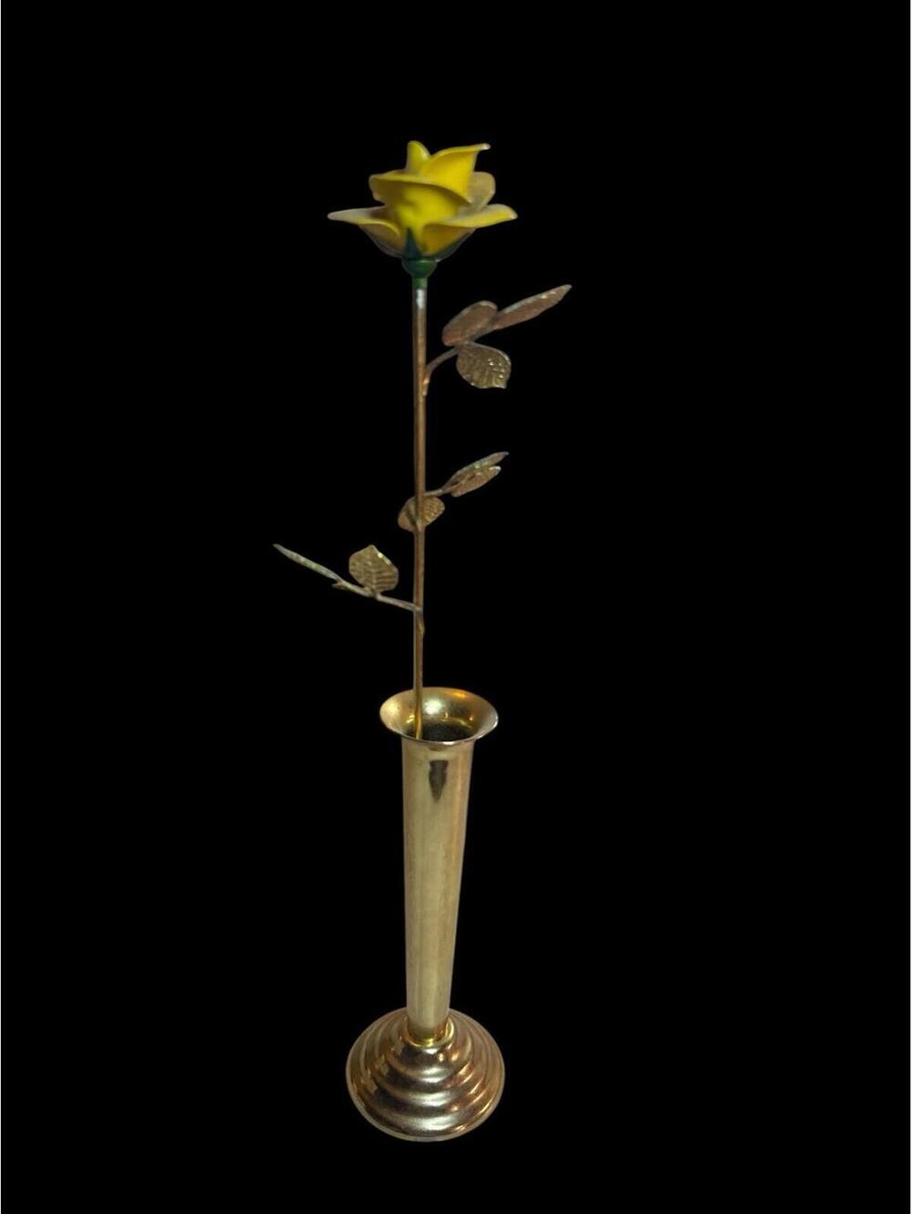 Vintage Mann Brass Bud Vase Yellow Rose 11” Made In Korea 1970's